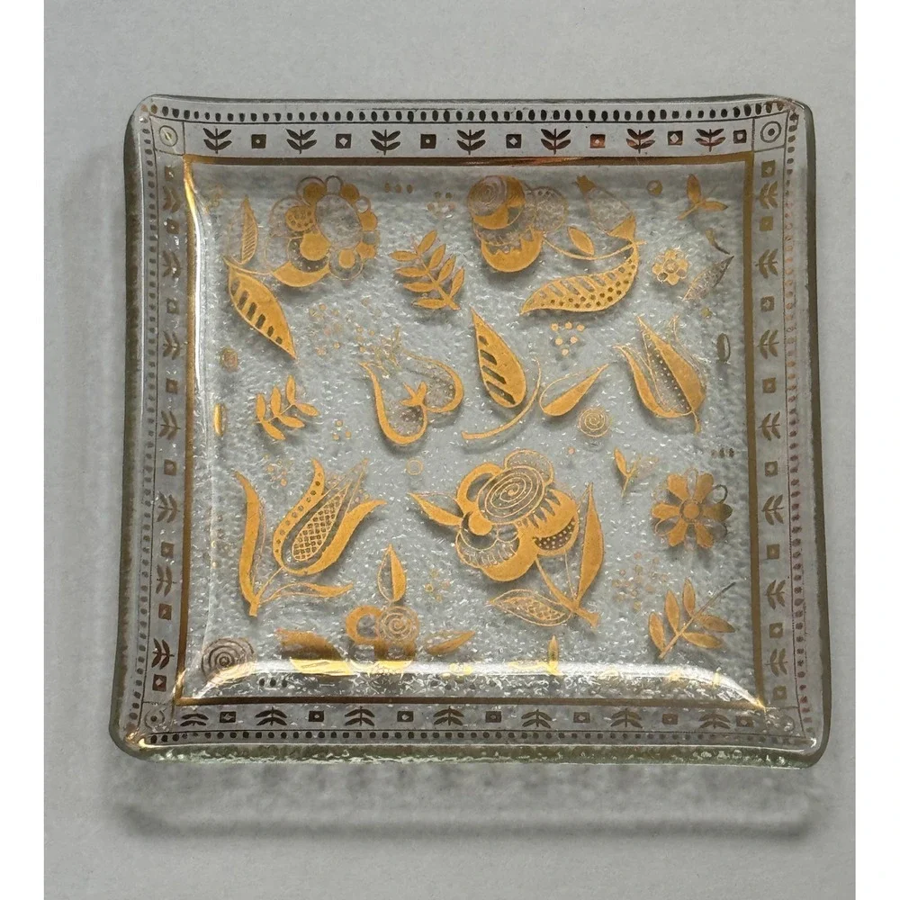 Vintage Georges Briard Gold Floral Textured Glass Square Trinket Dish Tray MCM